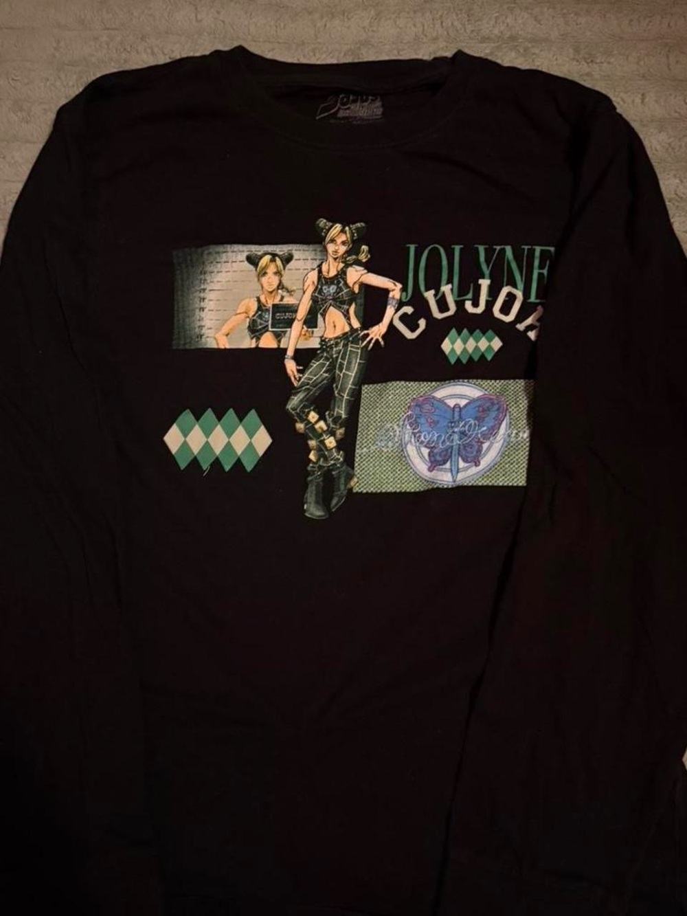 Jolyne JJBA Graphic Long Sleeve Tee - Black with Mint & Purple Artwork